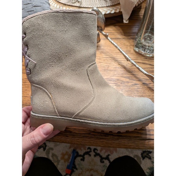 UGG Australia Kids Suede Lace Up Side Zip Boots Tan Glitter Size 3 - Picture 3 of 10